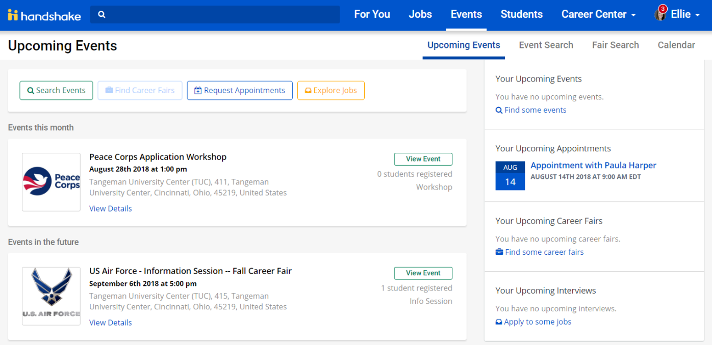 screenshot of Handshake Events page
